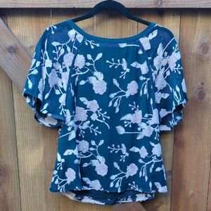 Anthropologie Lined Navy and Peach Floral Blouse By Maeve